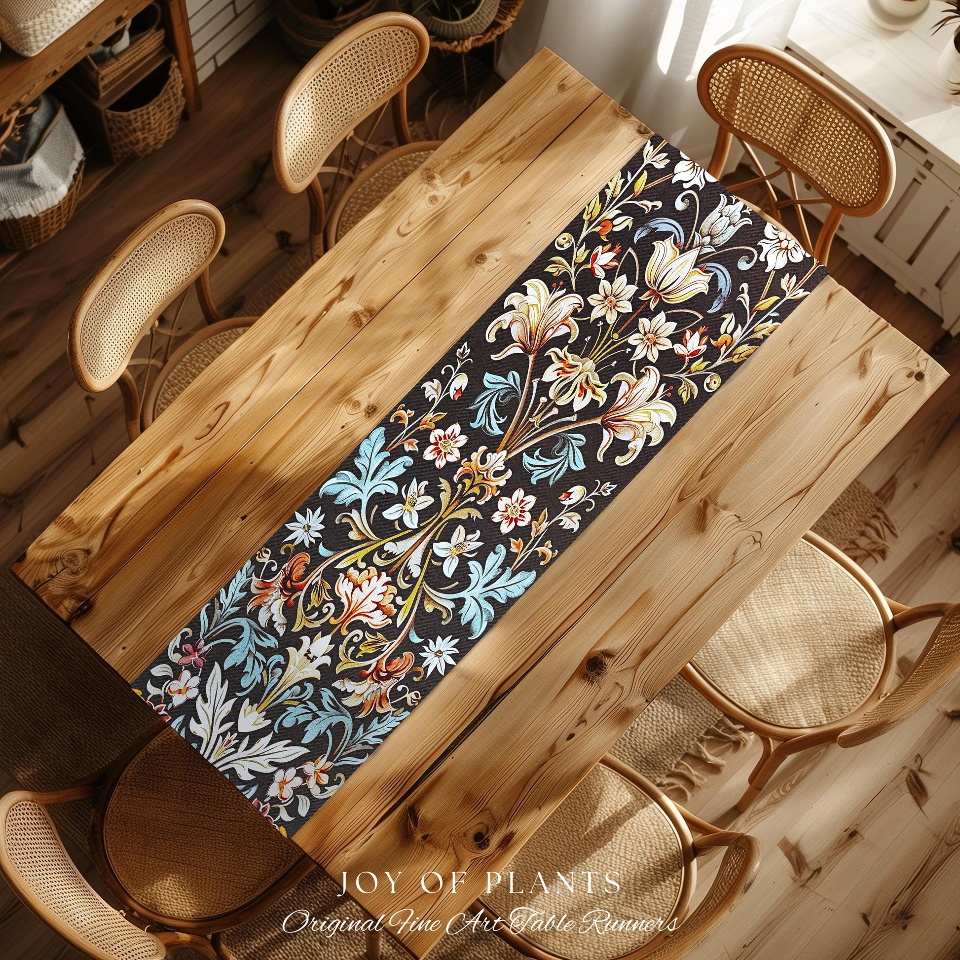 Whimsical Art Nouveau Floral Table Runner Victorian Whimsigothic Botanical, Vintage Academia Decor William Morris Inspired Elegant Accent