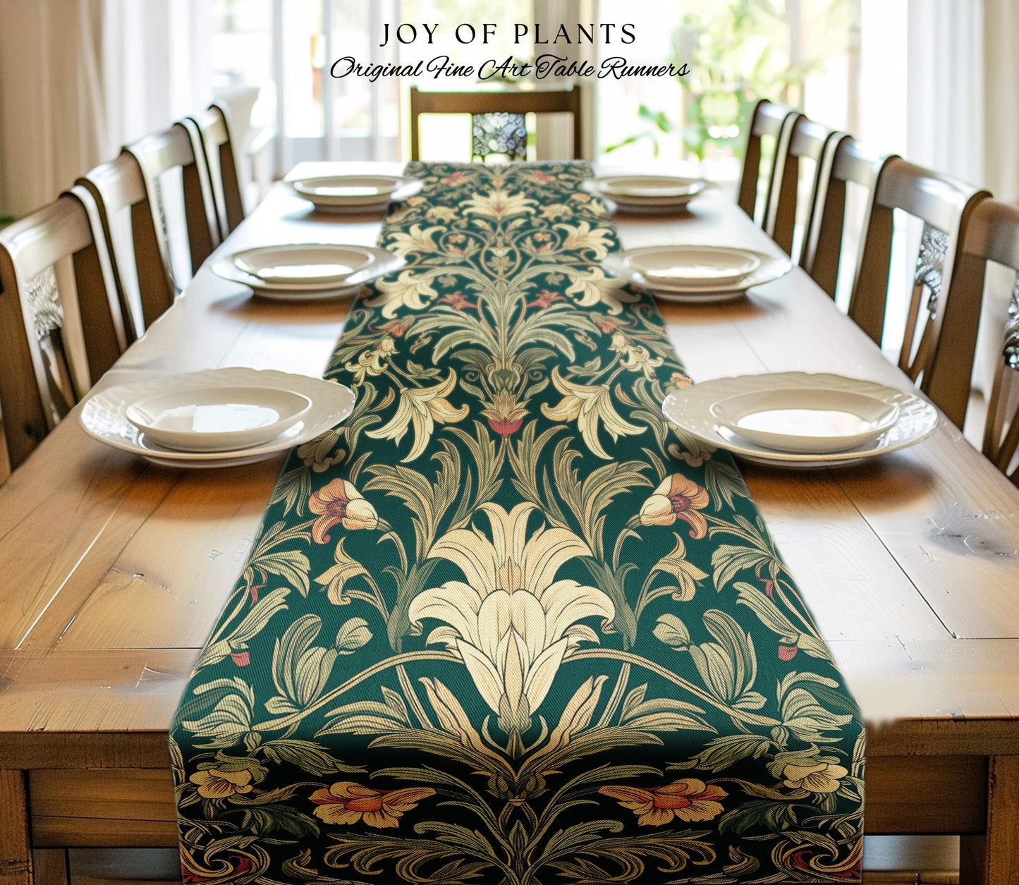 Earthy Fairycore Floral Aesthetic Table Runner | Enchanted Muted Forest Green Art Nouveau Victorian Decor Cottagecore Academia Art Deco |
