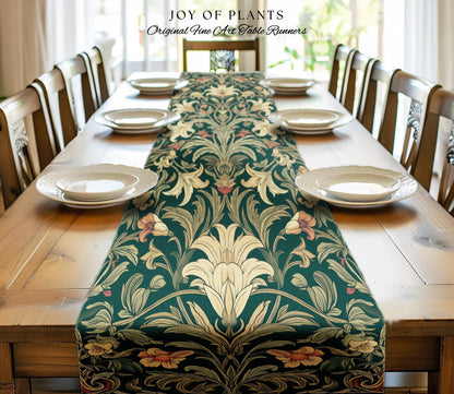 Earthy Fairycore Floral Aesthetic Table Runner | Enchanted Muted Forest Green Art Nouveau Victorian Decor Cottagecore Academia Art Deco |