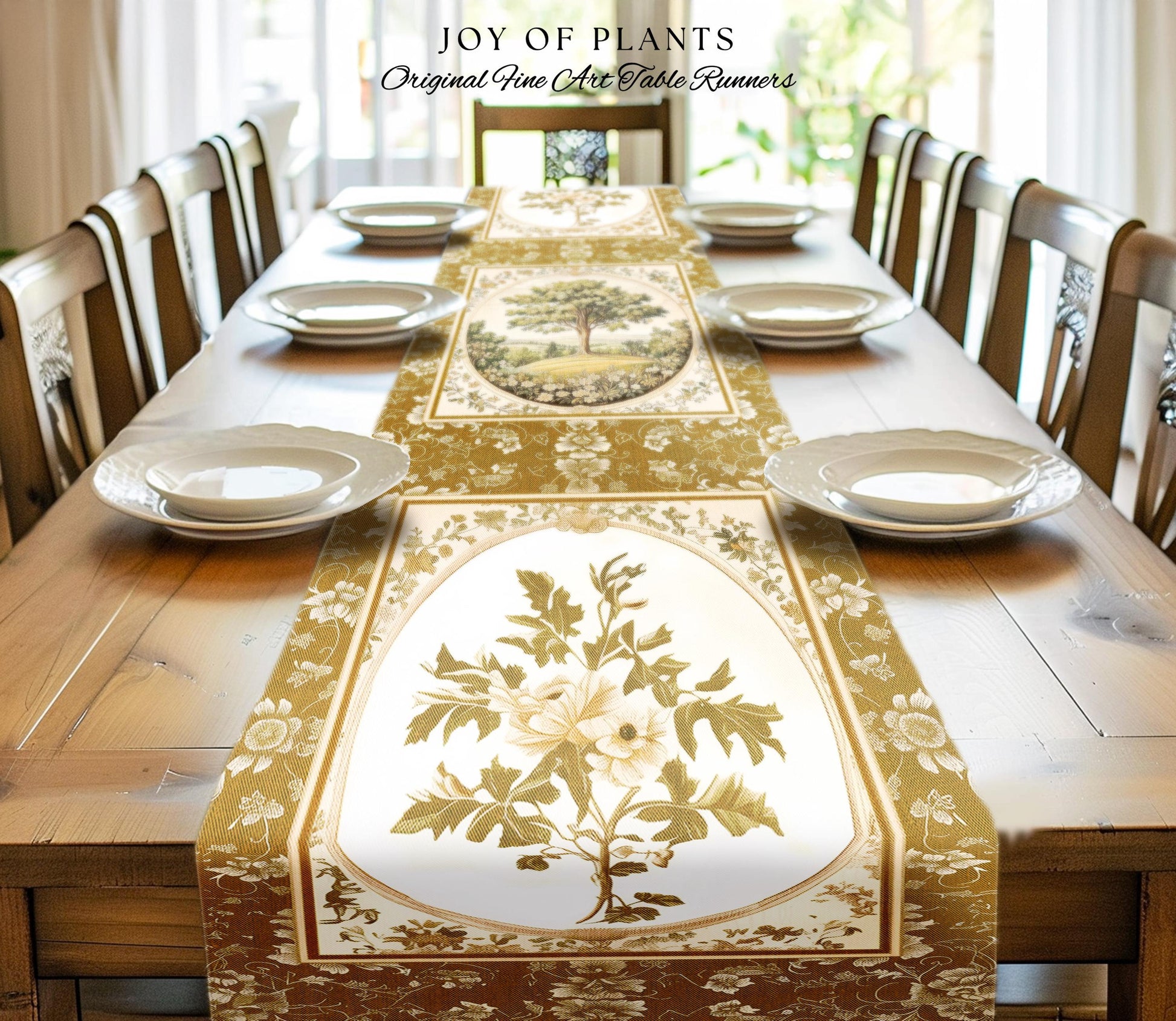 French Countryside Botanical Tree Table Runner | Victorian Garden Romantic Country Decor Floral Pastoral Scene Antique Cottage Aesthetic |