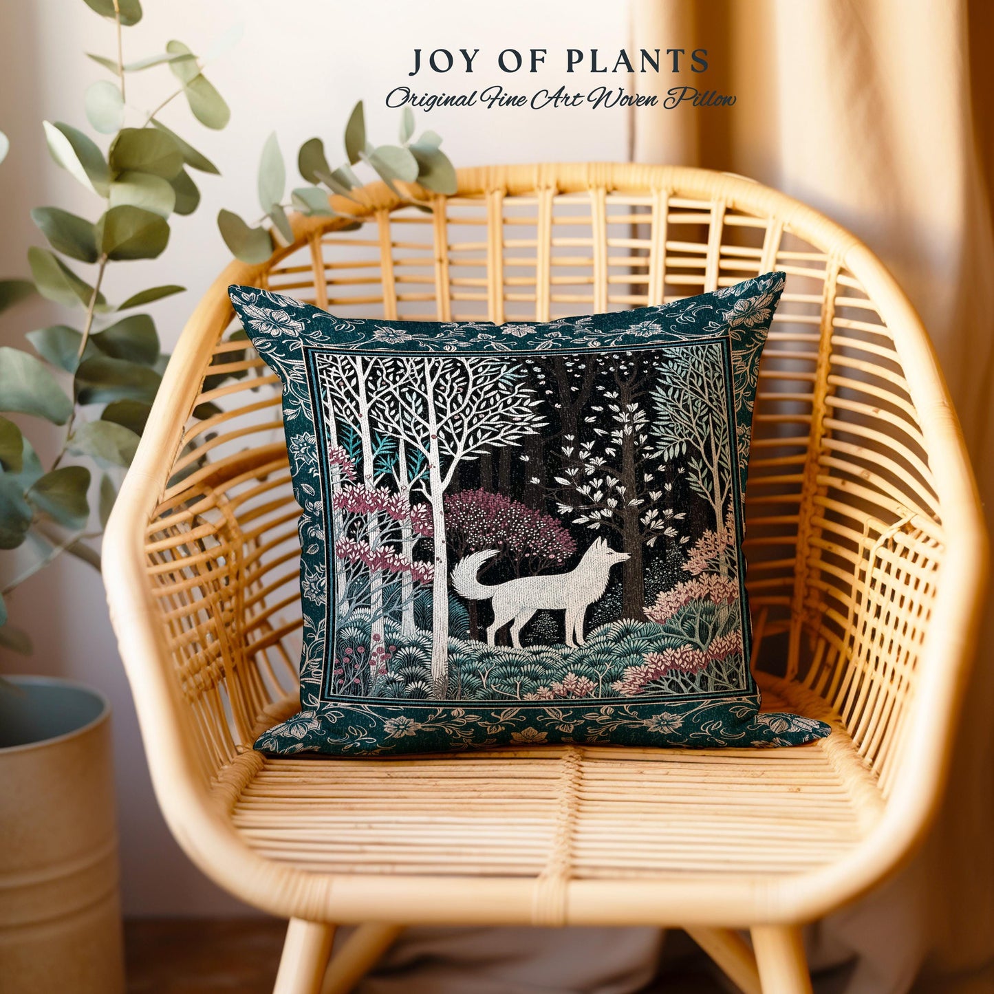 Storybook Folklore Boho Woven Decorative Wolf Cushion Tapestry Throw Pillow