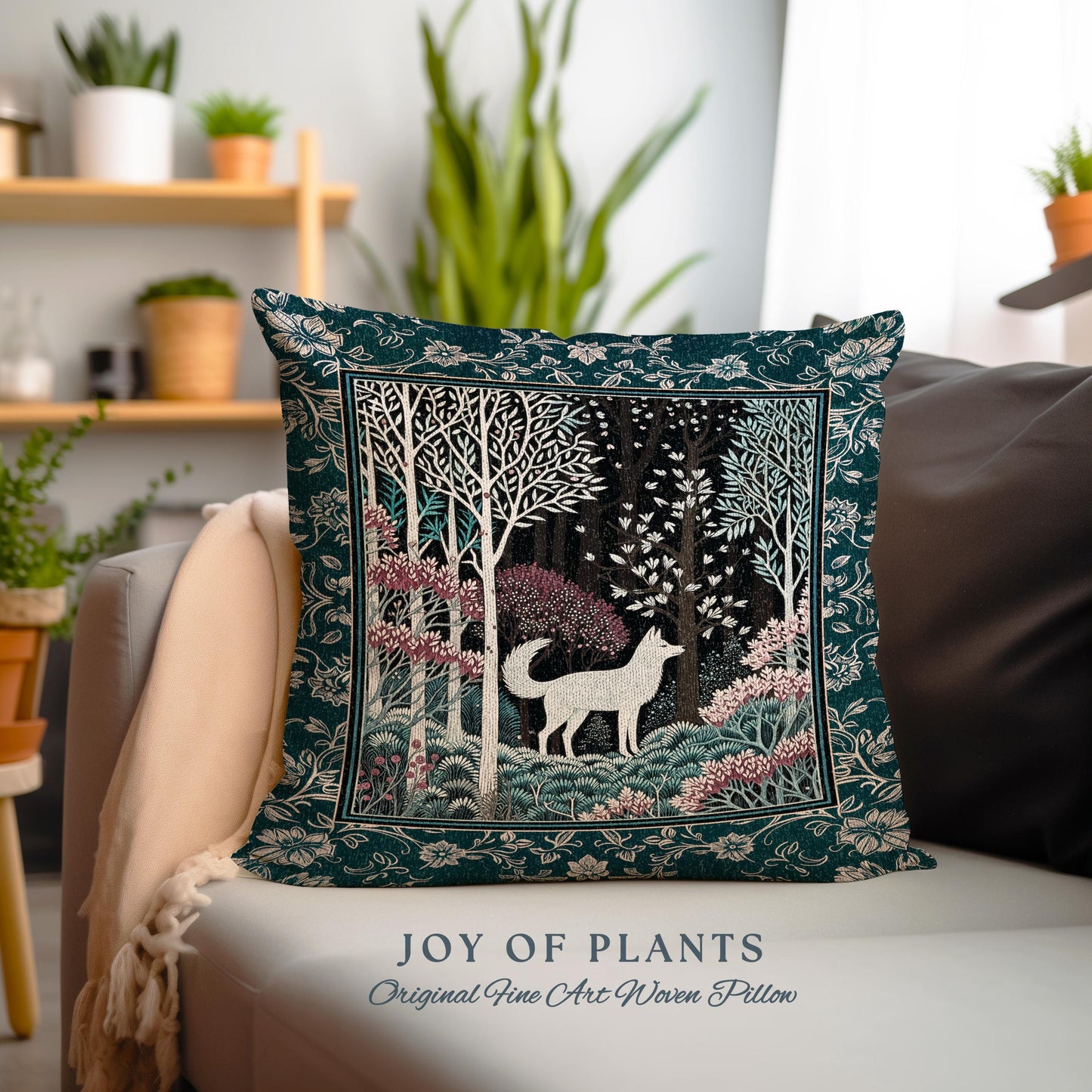 Storybook Folklore Boho Woven Decorative Wolf Cushion Tapestry Throw Pillow