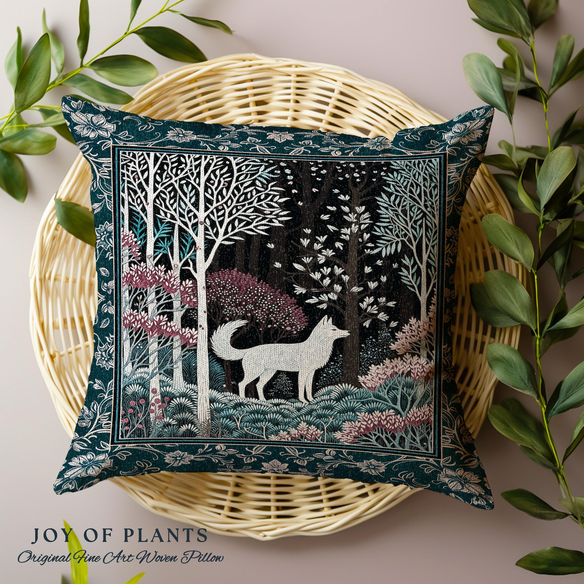 Storybook Folklore Boho Woven Decorative Wolf Cushion Tapestry Throw Pillow