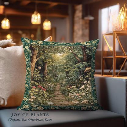 Botanical Bedroom Throw Pillow Fairycore | Woodland Mushroom Aesthetic Nature Lover Book Nook Tapestry Pillow Woven Emerald Green Decor |