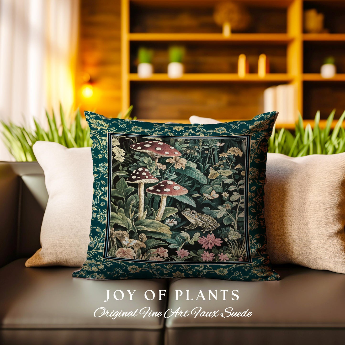 May include: A green throw pillow with a floral pattern featuring mushrooms and a frog. The pillow has a dark green background with a gold border and the text "Joy of Plants" and "Original Fine Art Faux Suede".