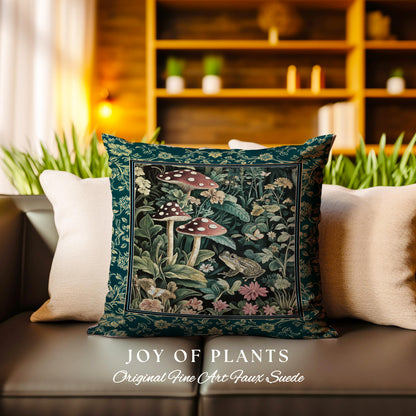 May include: A green throw pillow with a floral pattern featuring mushrooms and a frog. The pillow has a dark green background with a gold border and the text "Joy of Plants" and "Original Fine Art Faux Suede".