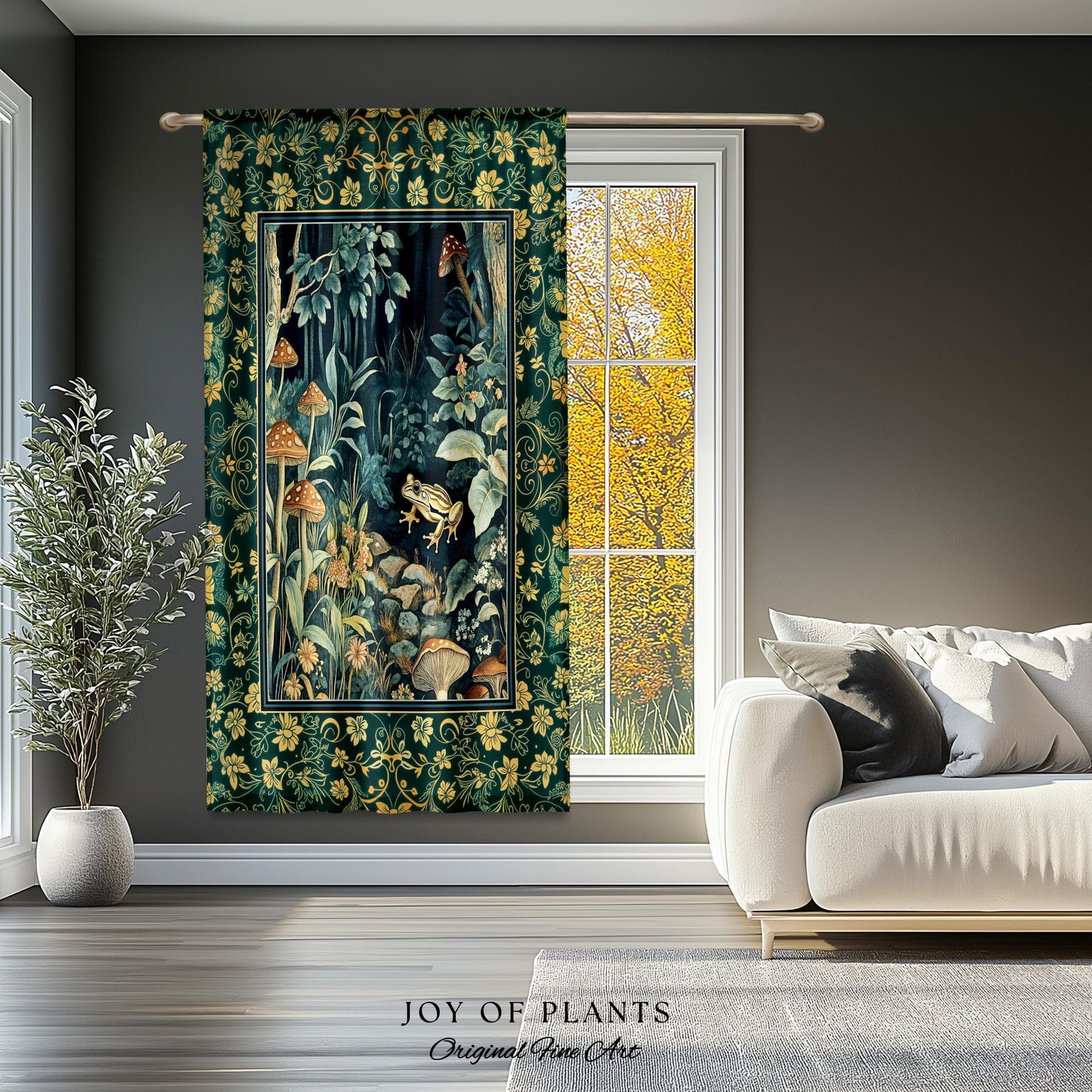 May include: A dark green curtain with a nature scene featuring mushrooms, a frog, and foliage. The curtain has a gold border and is hanging in front of a window. The text "JOY OF PLANTS Original Fine Art" is at the bottom.