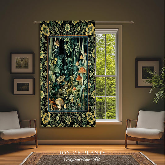 May include: A decorative curtain featuring a botanical design with a central panel depicting a forest scene with mushrooms and a frog. The border has a floral pattern in yellow and black. The text "JOY OF PLANTS Original Fine Art" is at the bottom.