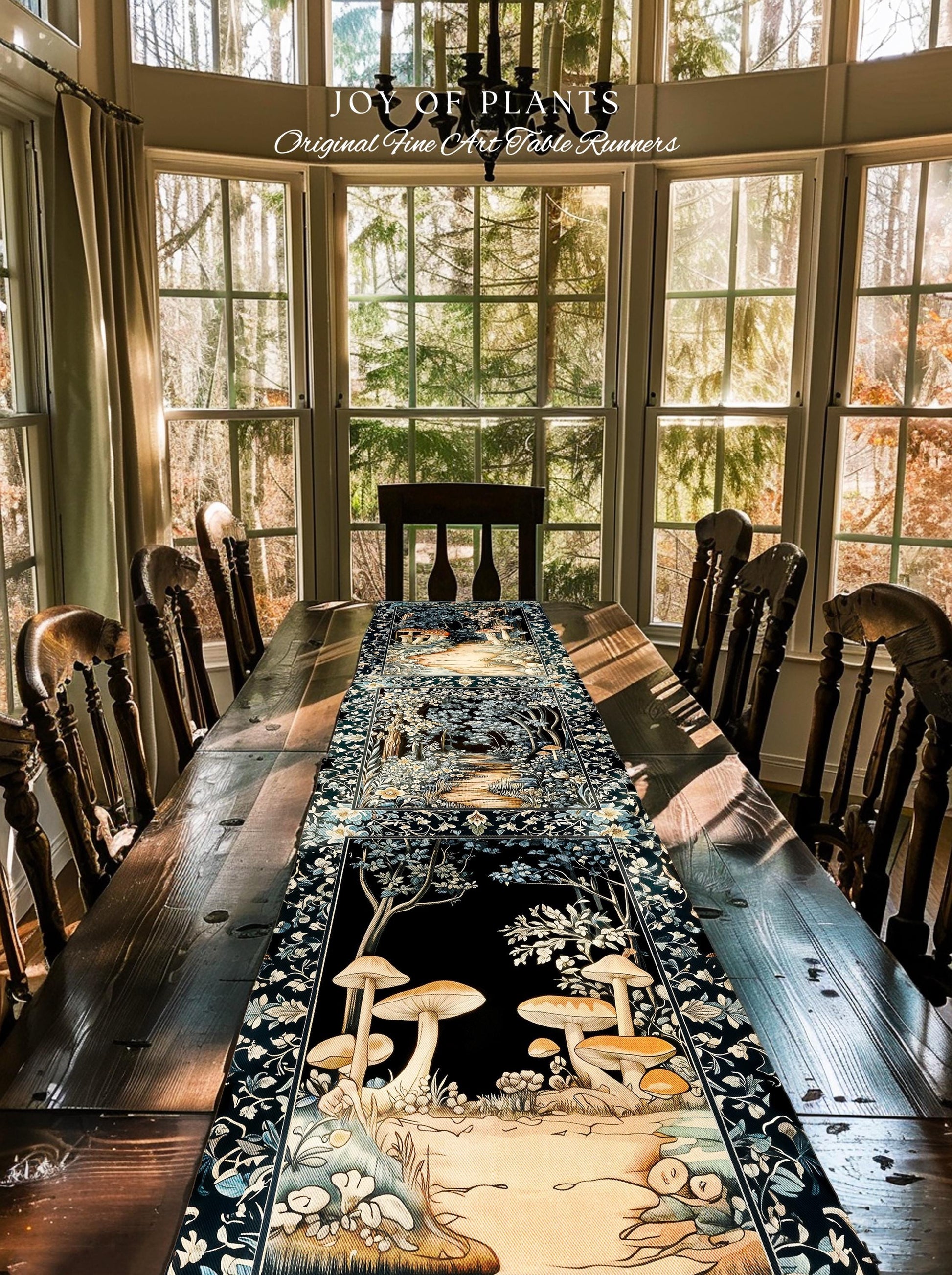 Dreamy Forest Landscape Botanical Table Runner | Misty Forest Dark Cottagecore Aesthetic Fairycore Dining Room Table Magical Jungle Decor