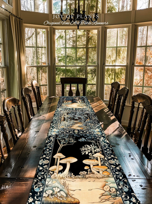 Dreamy Forest Landscape Botanical Table Runner | Misty Forest Dark Cottagecore Aesthetic Fairycore Dining Room Table Magical Jungle Decor