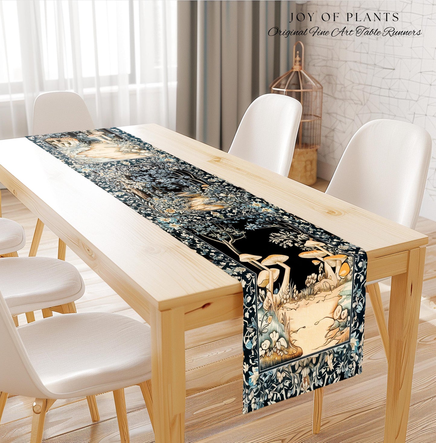 Dreamy Forest Landscape Botanical Table Runner | Misty Forest Dark Cottagecore Aesthetic Fairycore Dining Room Table Magical Jungle Decor