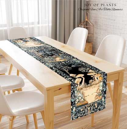 Dreamy Forest Landscape Botanical Table Runner | Misty Forest Dark Cottagecore Aesthetic Fairycore Dining Room Table Magical Jungle Decor