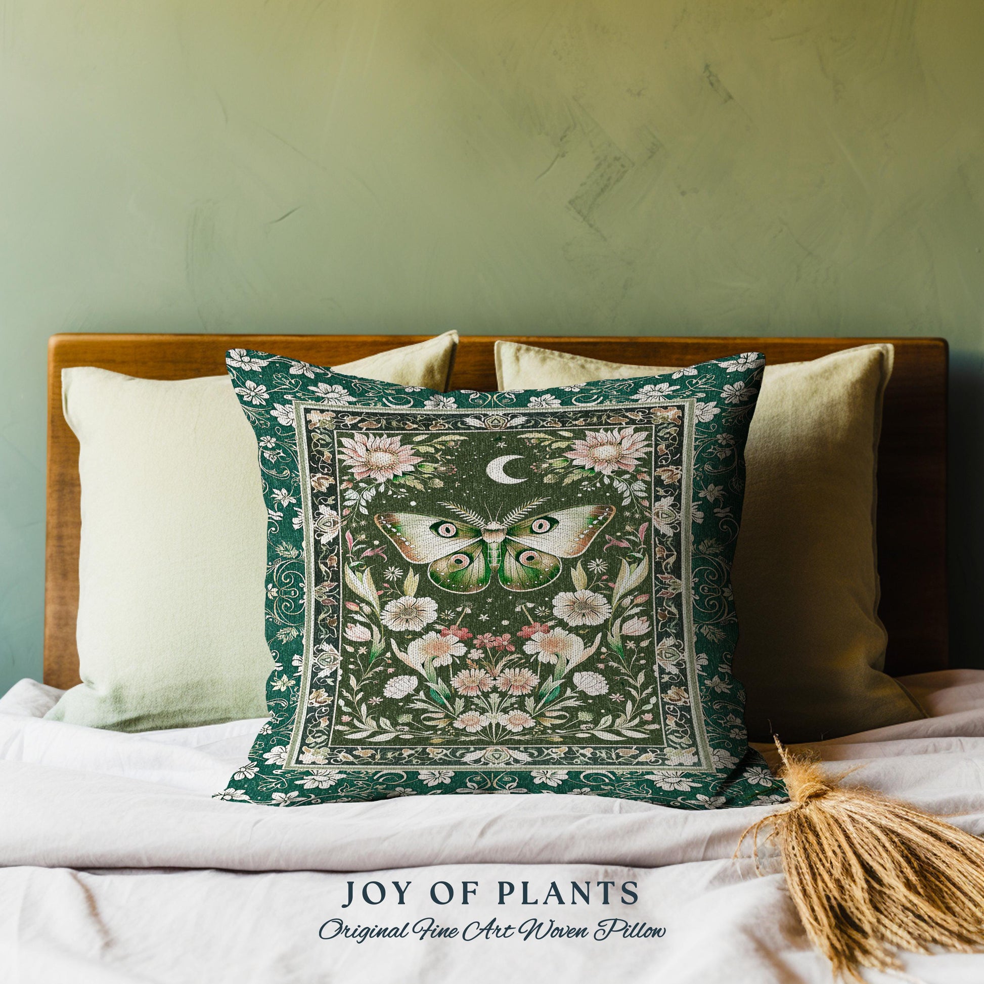 Botanical Moth Moon Whimsical Tapestry Pillow Decorative Throw Cushion