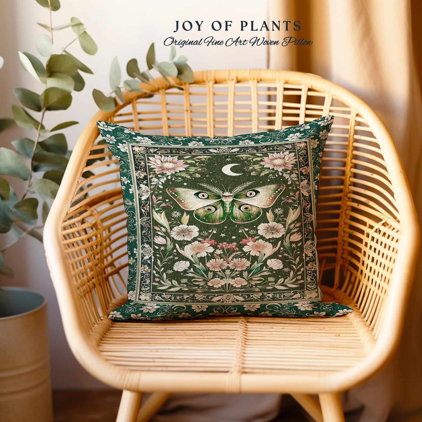 Botanical Moth Moon Whimsical Tapestry Pillow Decorative Throw Cushion