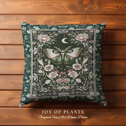 Botanical Moth Moon Whimsical Tapestry Pillow Decorative Throw Cushion