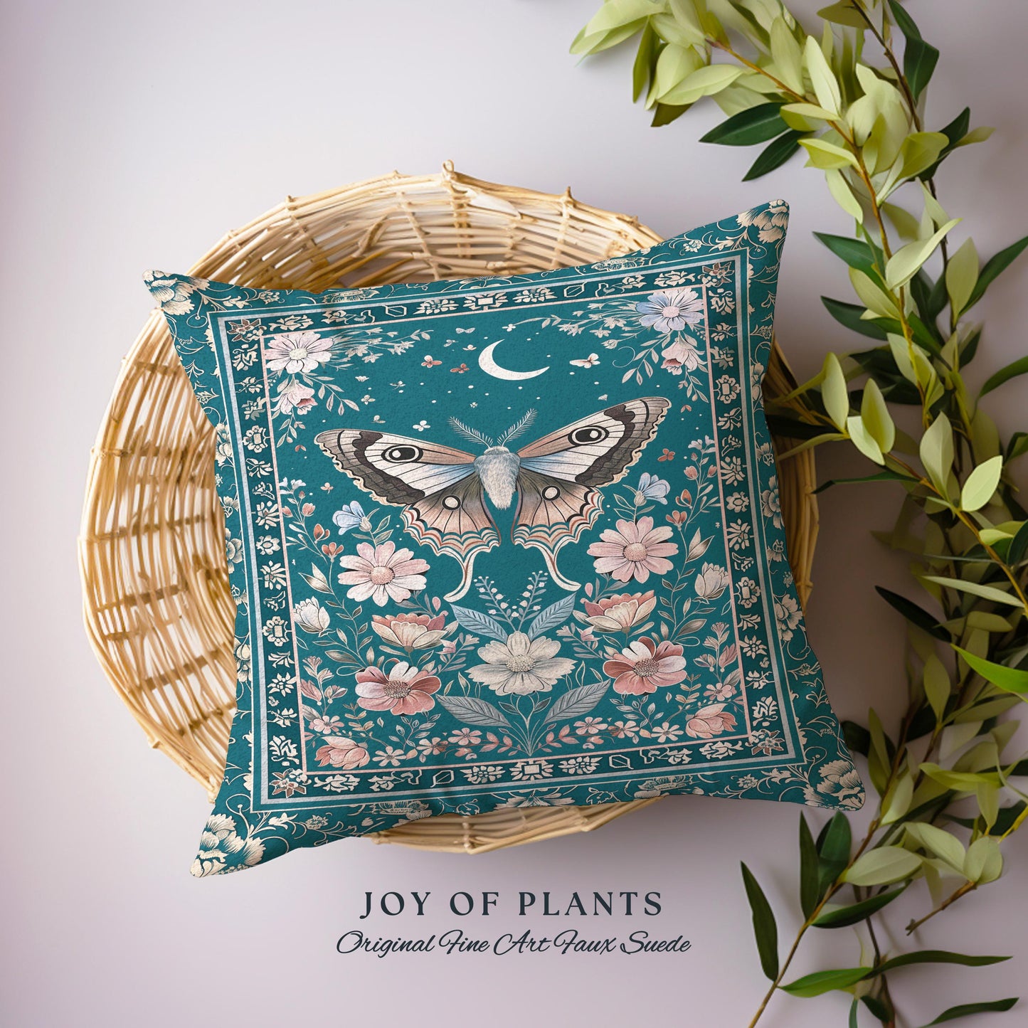 Magic Aesthetic Teal Decorative Moth Cushion Tapestry Throw Pillow