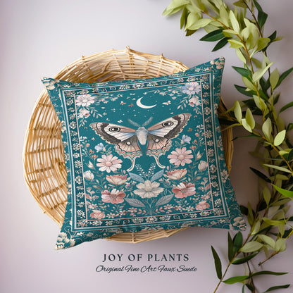 Magic Aesthetic Teal Decorative Moth Cushion Tapestry Throw Pillow