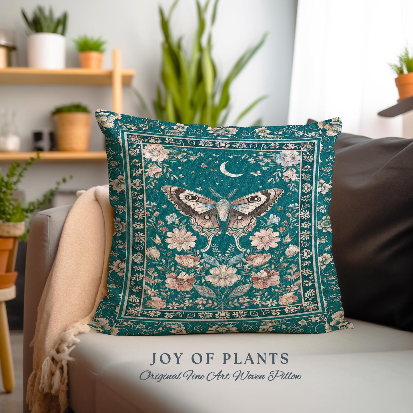 Magic Aesthetic Teal Decorative Moth Cushion Tapestry Throw Pillow