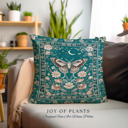Magic Aesthetic Teal Decorative Moth Cushion Tapestry Throw Pillow