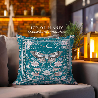 Magic Aesthetic Teal Decorative Moth Cushion Tapestry Throw Pillow