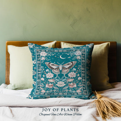 Magic Aesthetic Teal Decorative Moth Cushion Tapestry Throw Pillow