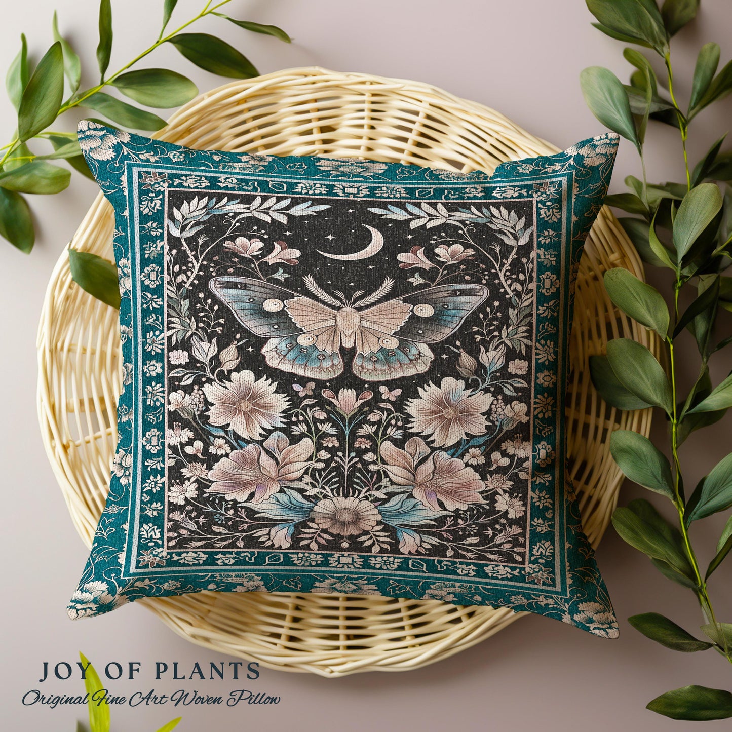 Bohemian Moth Moon Celestial Floral Decorative Tree Cushion Tapestry Throw Pillow