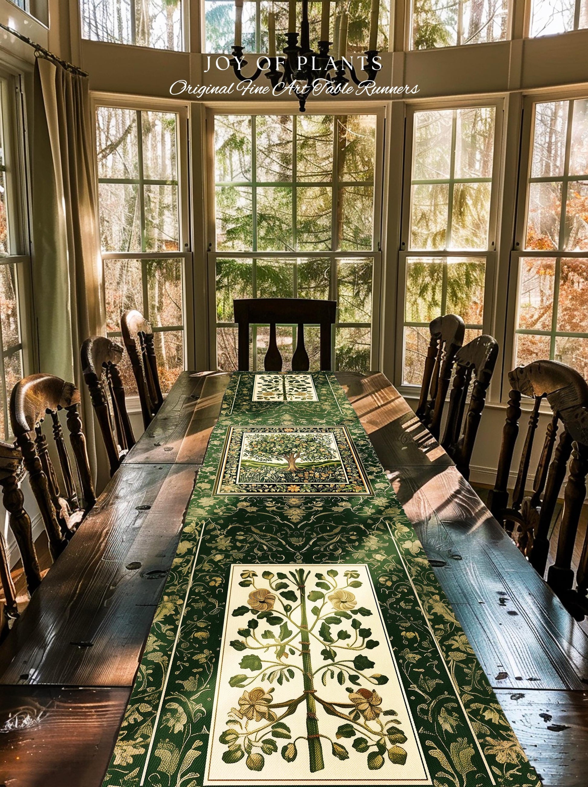 Emerald Green Floral Tree of Life Table Runner | Botanical Forestcore Folklore Vintage Floral Enchanted Cozy Cottagecore Whimsical Natural