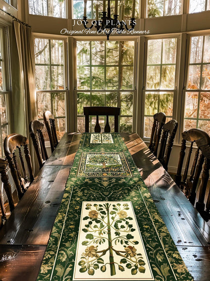Emerald Green Floral Tree of Life Table Runner | Botanical Forestcore Folklore Vintage Floral Enchanted Cozy Cottagecore Whimsical Natural