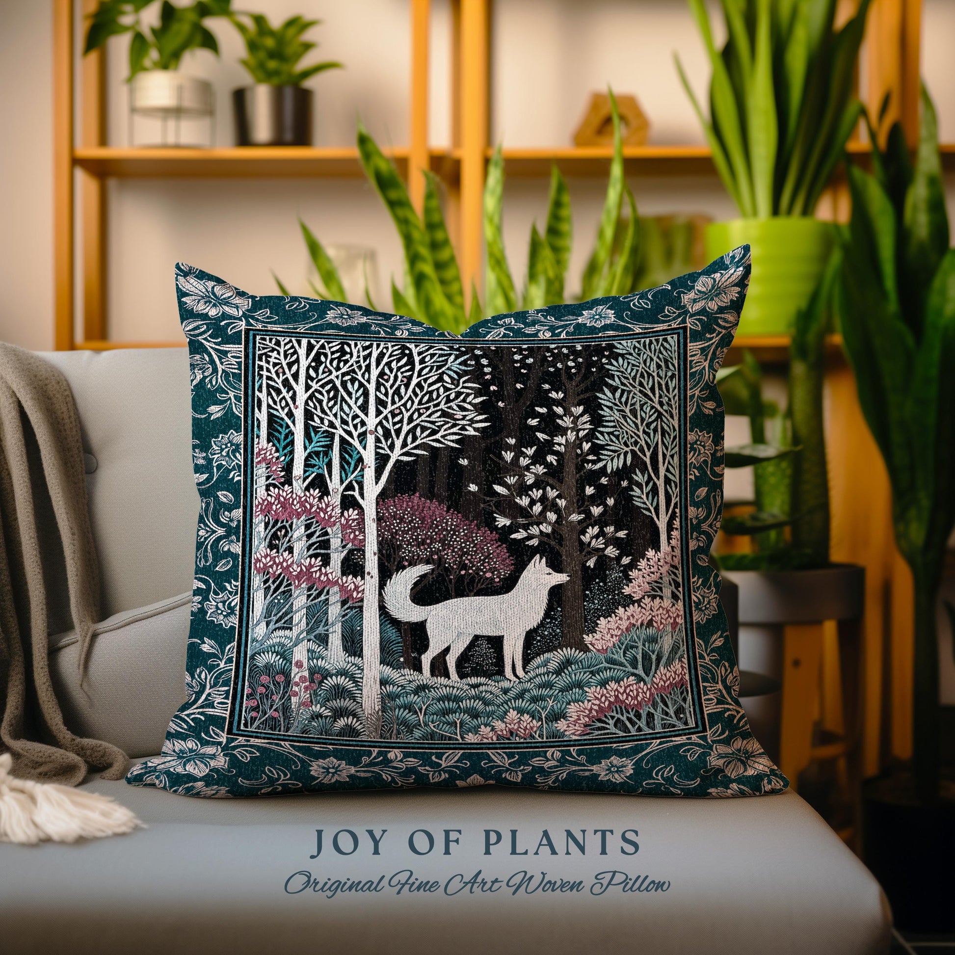 Storybook Folklore Boho Woven Decorative Wolf Cushion Tapestry Throw Pillow
