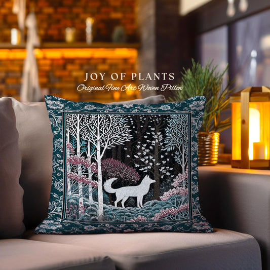 Storybook Folklore Boho Woven Decorative Wolf Cushion Tapestry Throw Pillow