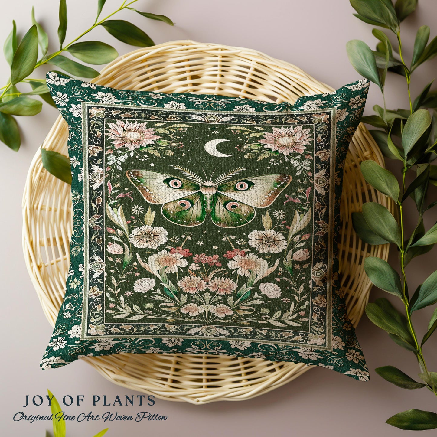 Botanical Moth Moon Whimsical Tapestry Pillow Decorative Throw Cushion