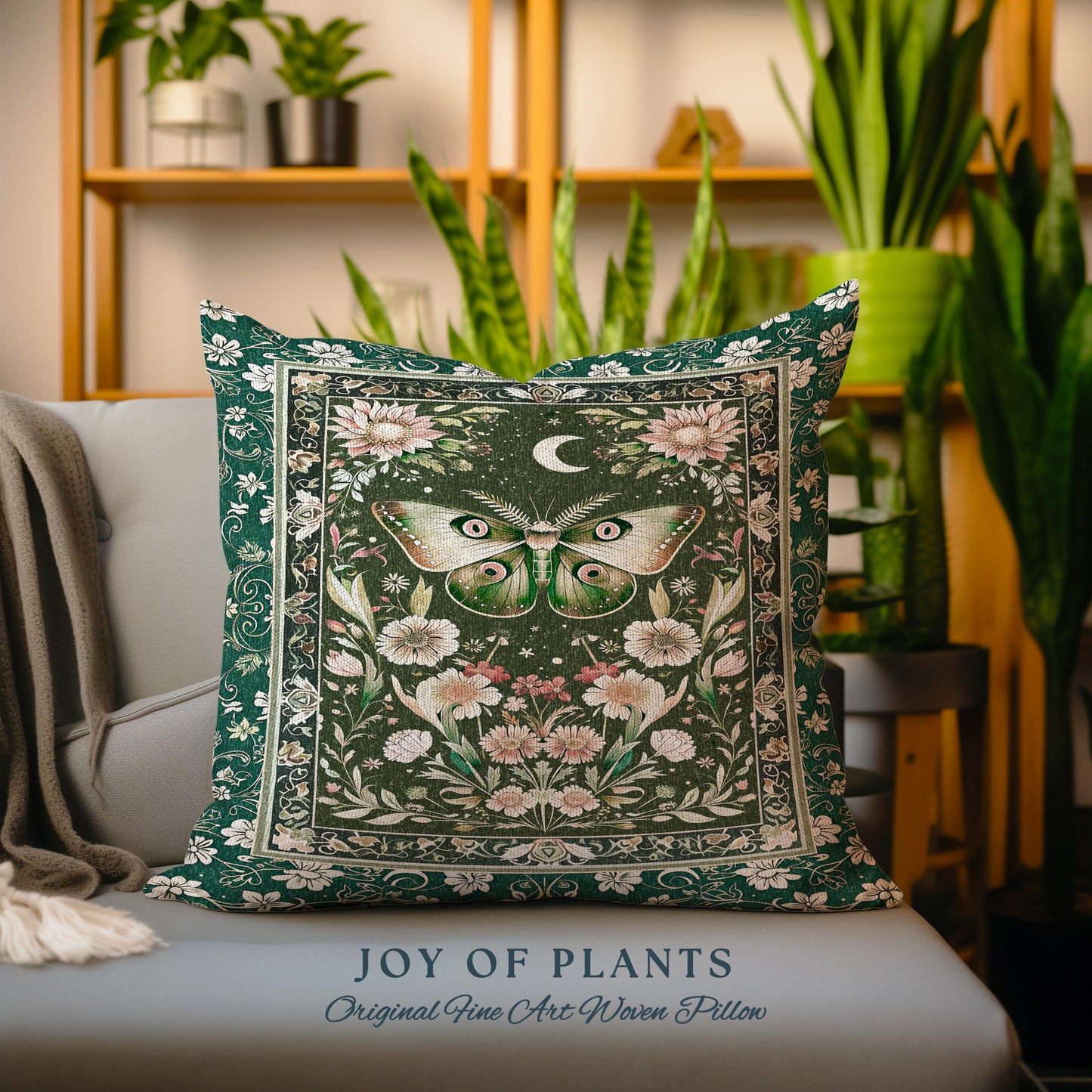 Botanical Moth Moon Whimsical Tapestry Pillow Decorative Throw Cushion