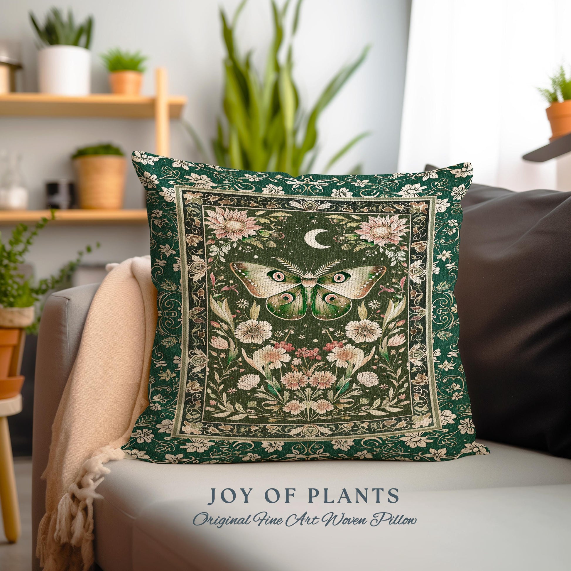 Botanical Moth Moon Whimsical Tapestry Pillow Decorative Throw Cushion