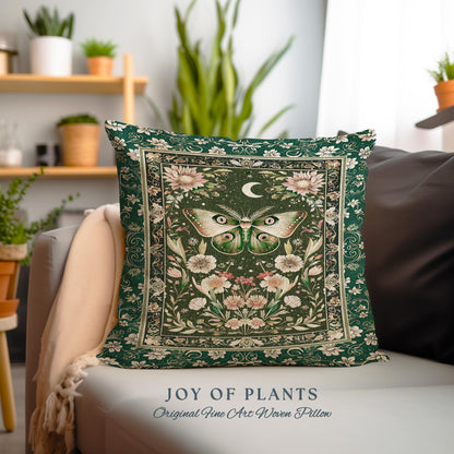 Botanical Moth Moon Whimsical Tapestry Pillow Decorative Throw Cushion