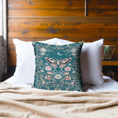 Magic Aesthetic Teal Decorative Moth Cushion Tapestry Throw Pillow