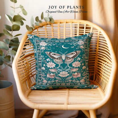 Magic Aesthetic Teal Decorative Moth Cushion Tapestry Throw Pillow