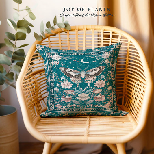 Magic Aesthetic Teal Decorative Moth Cushion Tapestry Throw Pillow