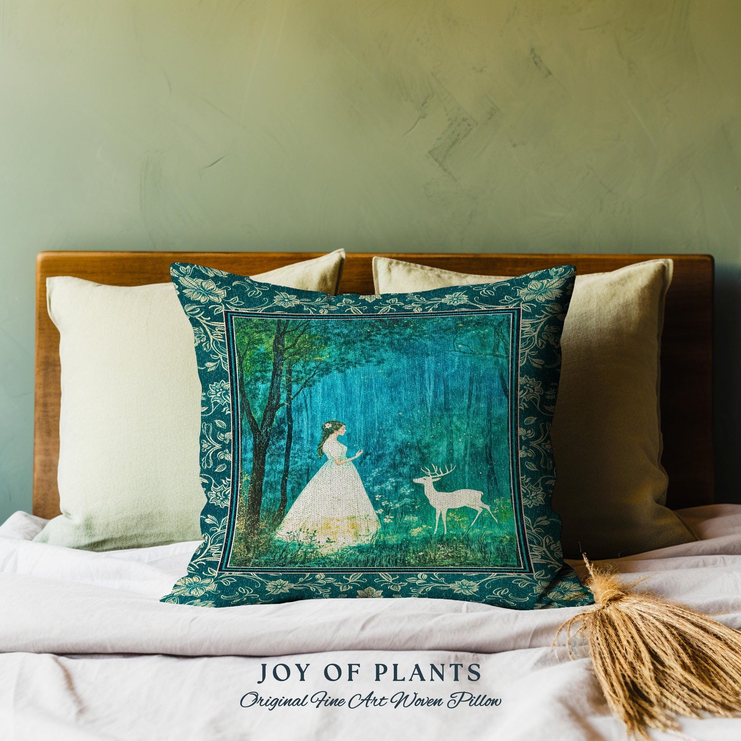 May include: Decorative square pillow with a teal floral border. The pillow features a forest scene with a woman in a white dress and a deer. The text "JOY OF PLANTS Original Fine Art Woven Pillow" is at the bottom.