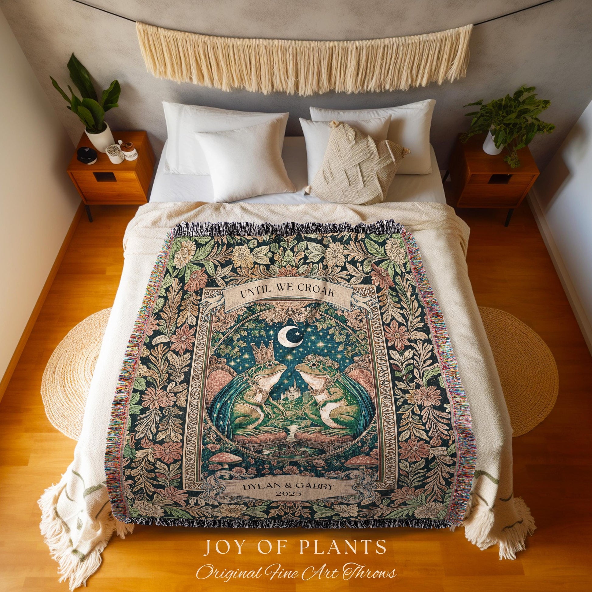 Toad Lovers Celestial Blanket Personalized | Cottagecore Frog Couple Anniversary Custom Names Woven Throw Gift for Partner Romantic Witchy
