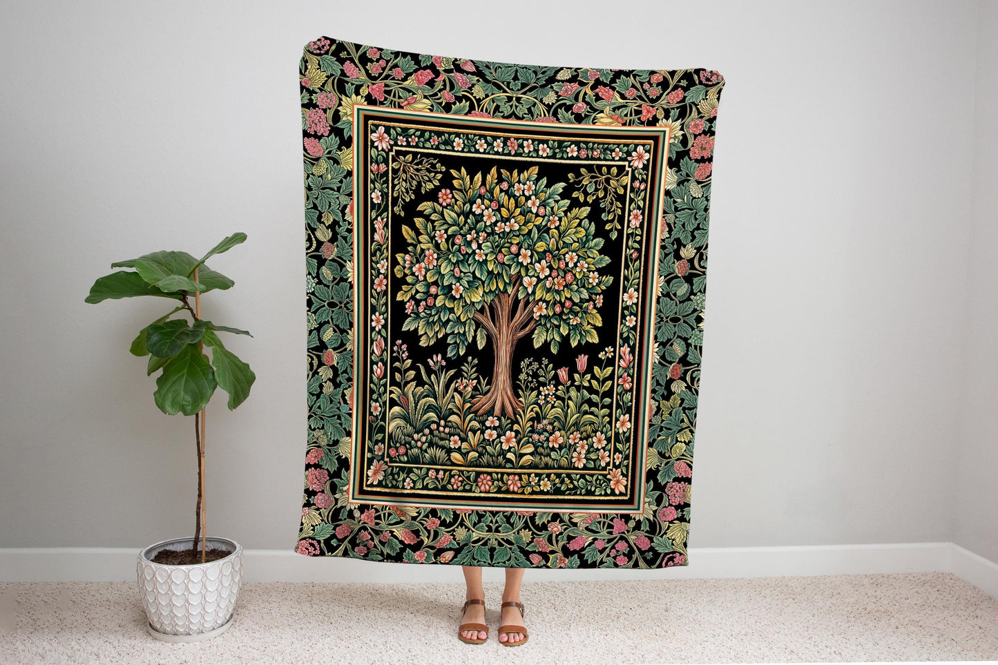 Fairy Garden Tree of Life Tapestry Blanket Jacquard Woven Coverlet