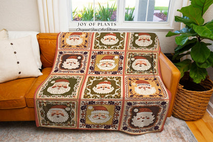 Cute Santa Claus Checkered Hygge Blanket Rustic Country Cottagecore Christmas Folk Art Holiday Tapestry Throw Cozy Earthy Nostalgic Decor