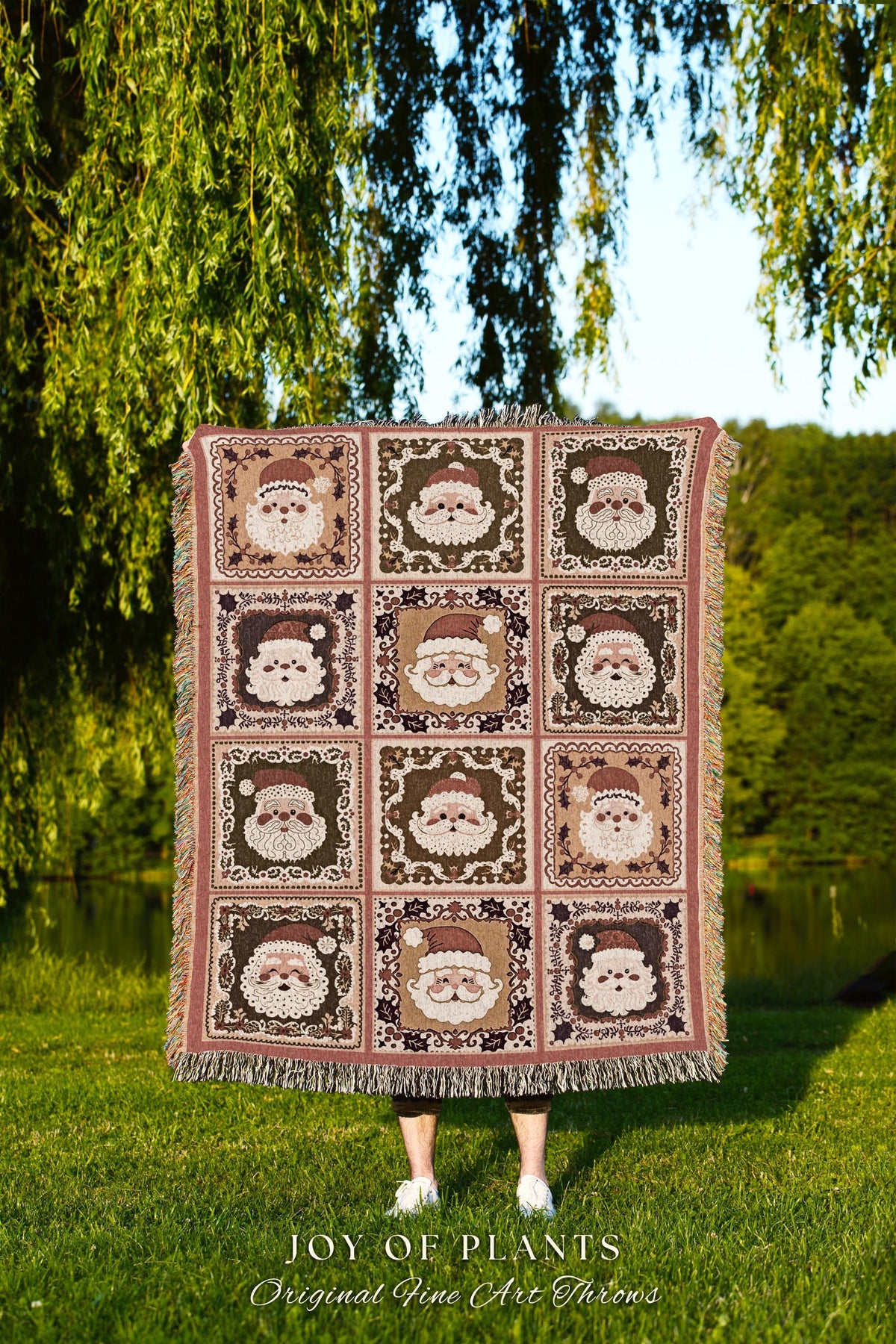 Cute Santa Claus Checkered Hygge Blanket Rustic Country Cottagecore Christmas Folk Art Holiday Tapestry Throw Cozy Earthy Nostalgic Decor