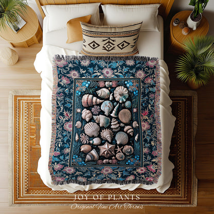 Colorful Nautical Aesthetic Throw Blanket | Ocean Inspired Lake Home Accent Seashell Woven Wall Tapestry Summer Beach Aesthetic Mermaidcore