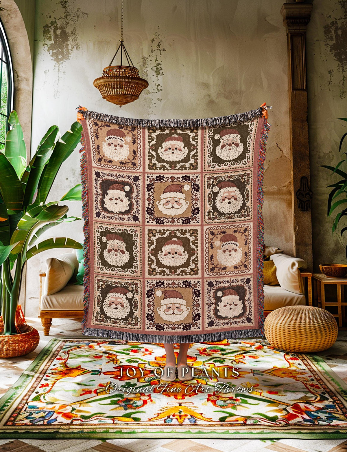 Cute Santa Claus Checkered Hygge Blanket Rustic Country Cottagecore Christmas Folk Art Holiday Tapestry Throw Cozy Earthy Nostalgic Decor