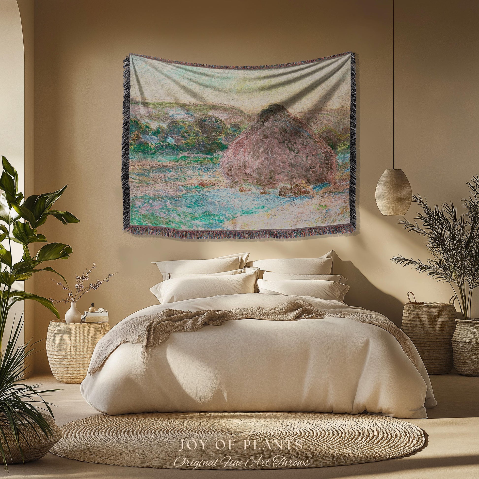 Haystacks Tapestry Monet Fine Art Blanket | Rustic Countryside Charm Muted Earth Tones Aesthetic Home Decor And Thoughtful Art Lover Gift