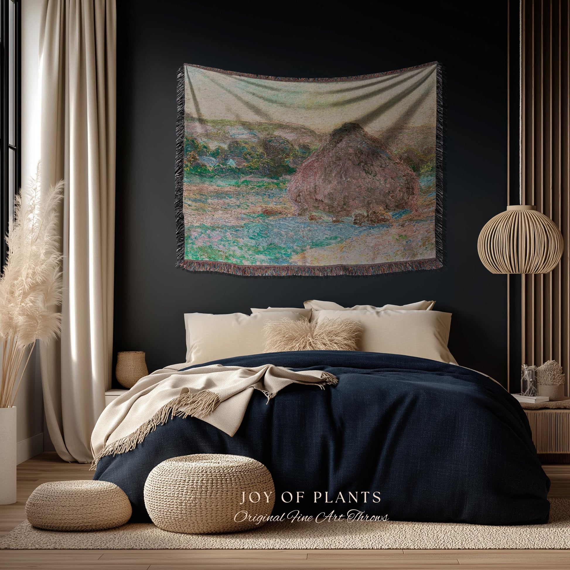 Haystacks Tapestry Monet Fine Art Blanket | Rustic Countryside Charm Muted Earth Tones Aesthetic Home Decor And Thoughtful Art Lover Gift