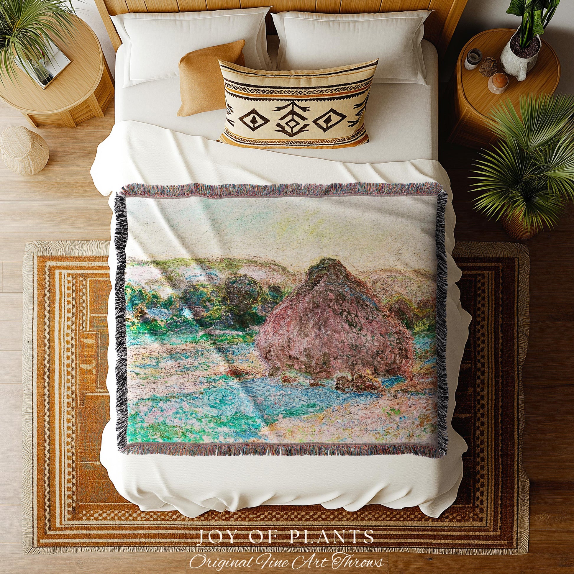 Haystacks Tapestry Monet Fine Art Blanket | Rustic Countryside Charm Muted Earth Tones Aesthetic Home Decor And Thoughtful Art Lover Gift