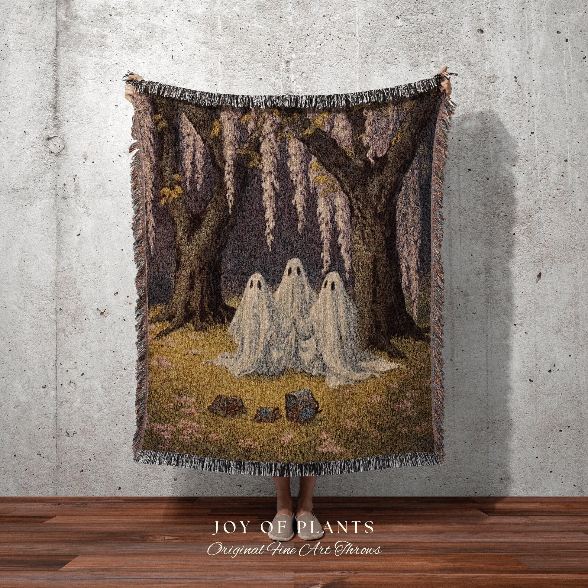 Wisteria Flower Ghost Friends Vintage Halloween Wall Art Blanket Woven Tapestry | Dark Academia Decor Cottagecore Pastel Goth Bedroom Decor