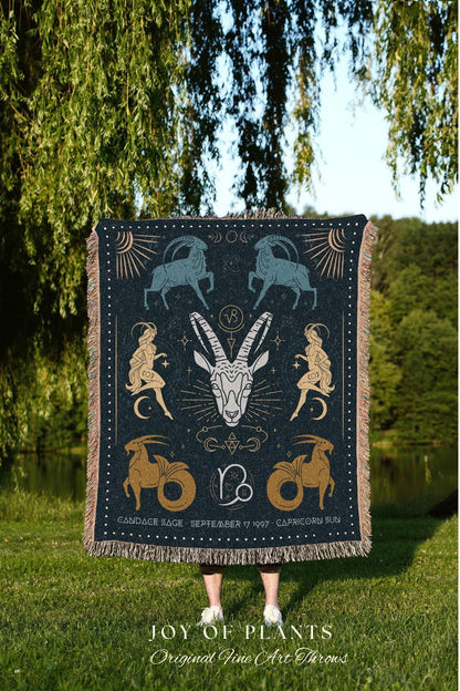 Capricorn Astrology Blanket | Woven Fringe Blanket Astrology Decor Tapestry Personalized Capricorn Zodiac Sign Celestial Tapestry Academia |