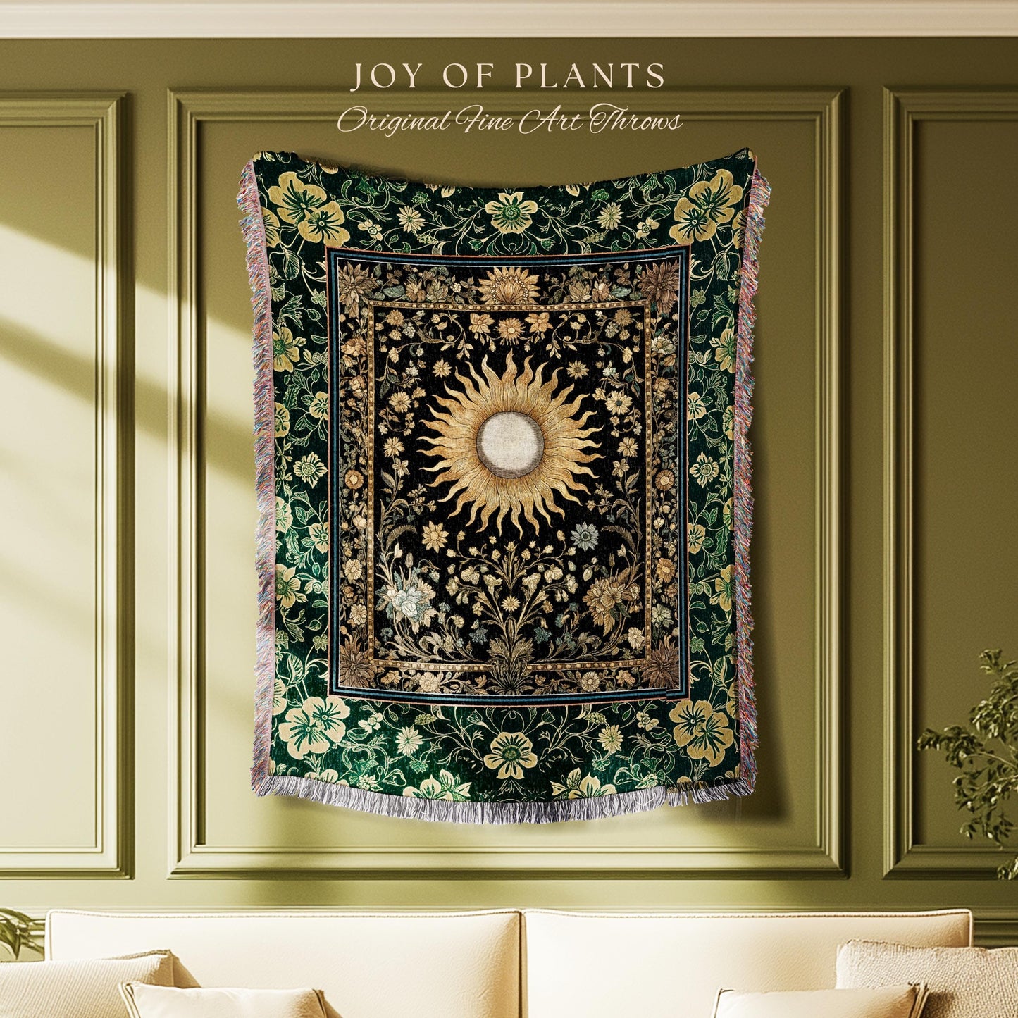 Boho Tarot Sun Coverlet Woven | Zodiac Inspired Mystical Throw Blanket Floral Whimsical Ethereal Moon and Stars Astrology Tapestry Witchy |